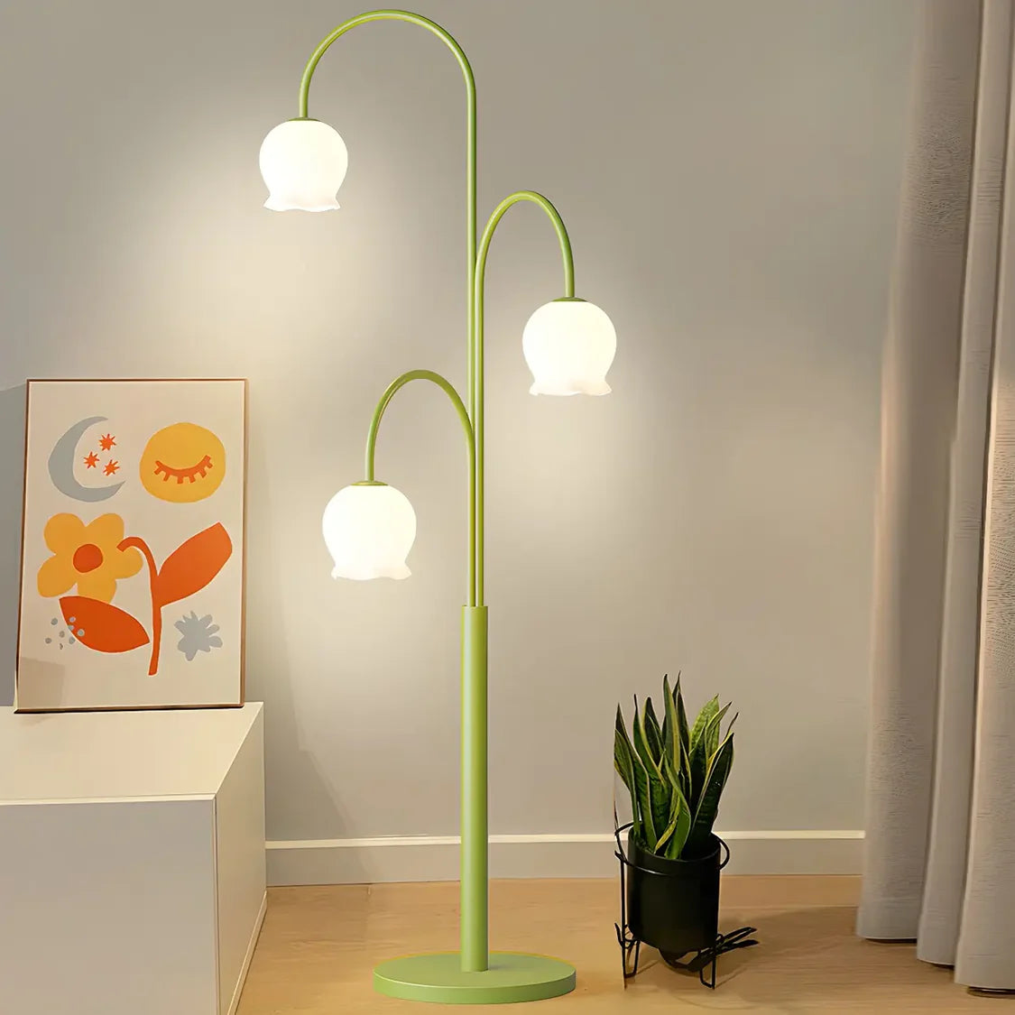 3-Light Green Floral Glass Contemporary Floor Lamp