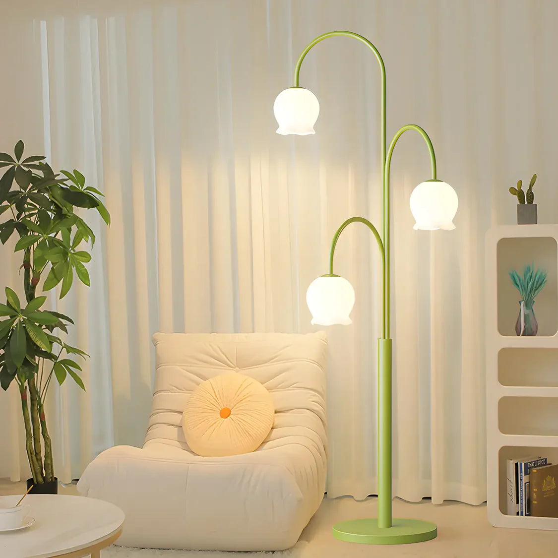 3-Light Green Floral Glass Contemporary Floor Lamp